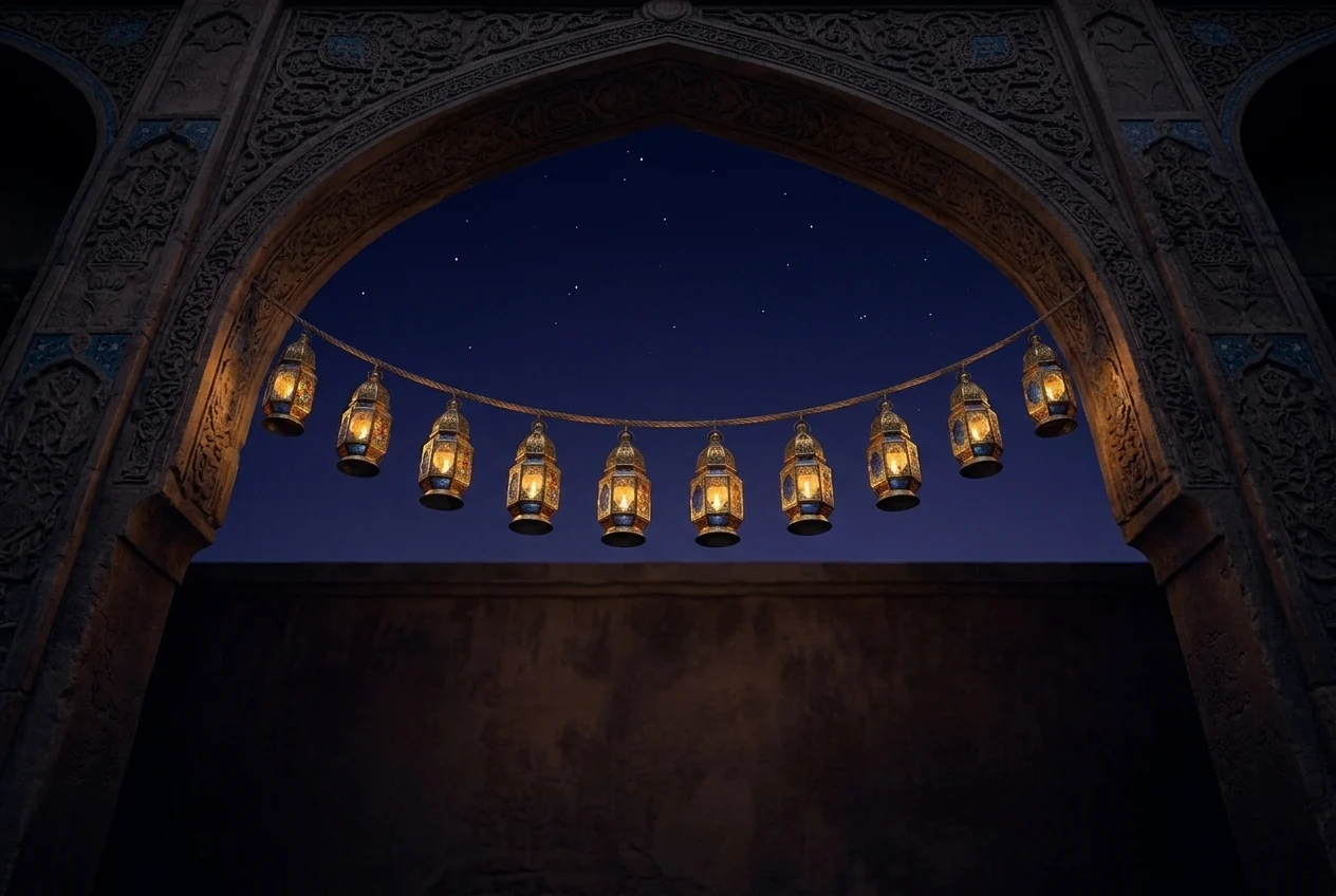 Ten lit lanterns on one cord across a courtyard arch at night, one for each founding place