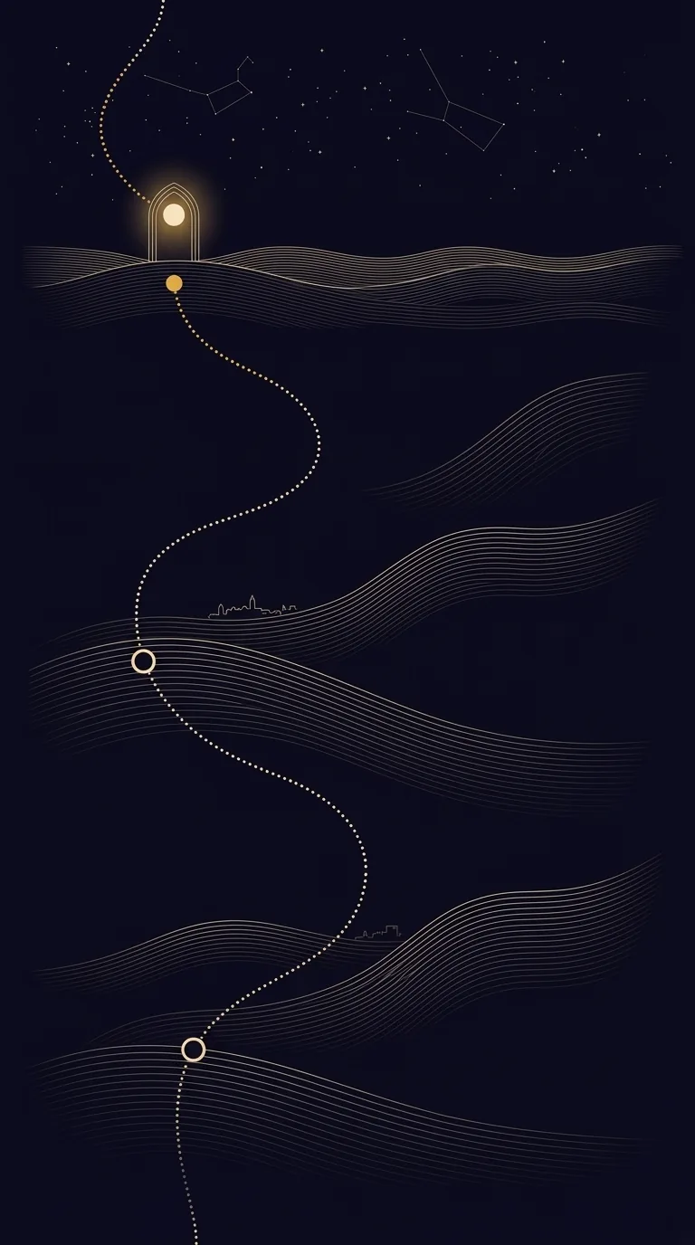 A star chart of the Caravan route: Night Bazaar lit as the first stop, two unlit stops ahead