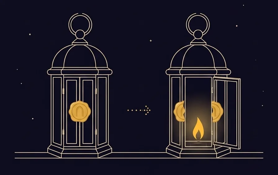 A sealed lantern, then the same lantern opened: the result is fixed before the round and revealed after it