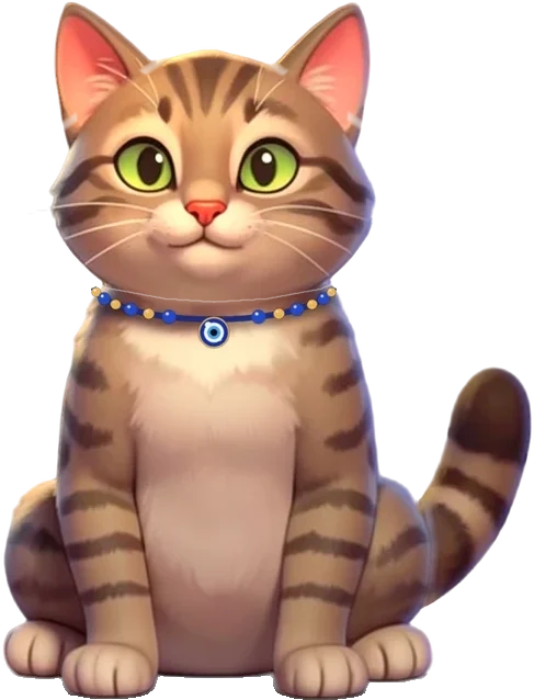The Night Bazaar host: a tabby cat with green eyes and a blue evil-eye collar, sitting calmly