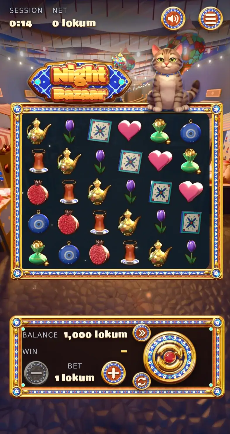 Night Bazaar running inside Telegram on an iPhone: the cat host above a 6 by 5 grid of bazaar symbols
